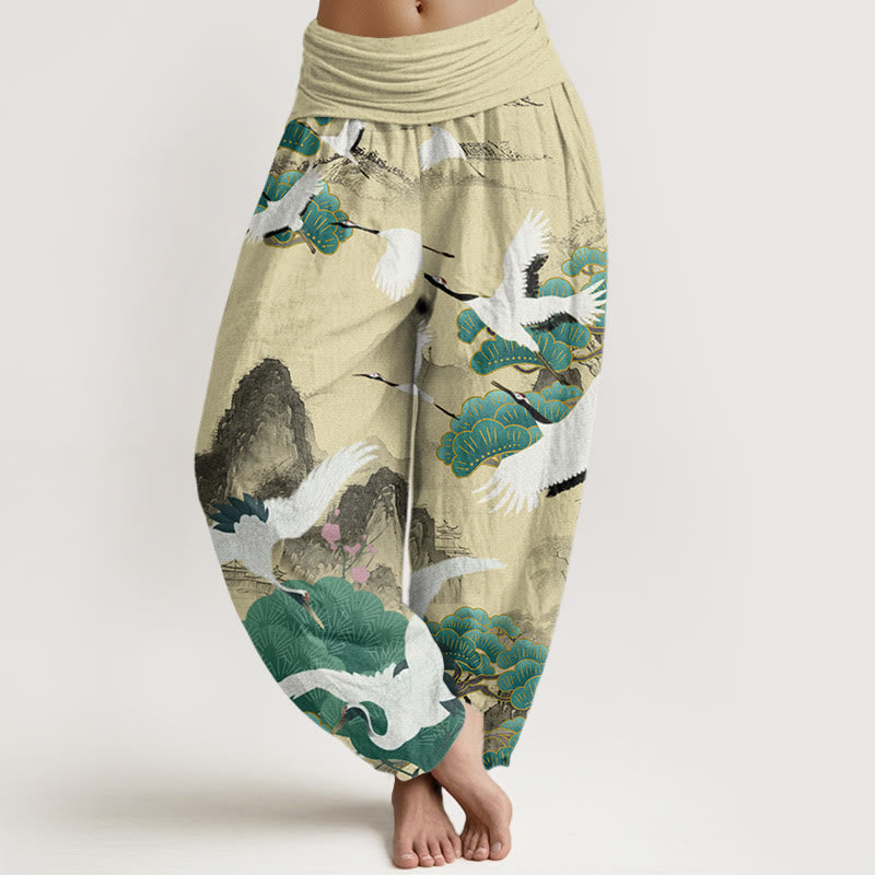 Pantalones harén para mujer con diseño de paisaje de pinos verdes y grullas de Buddha Stones - Chifón de limón - US22，UK/AU26，EU54 (6XL) - image 7