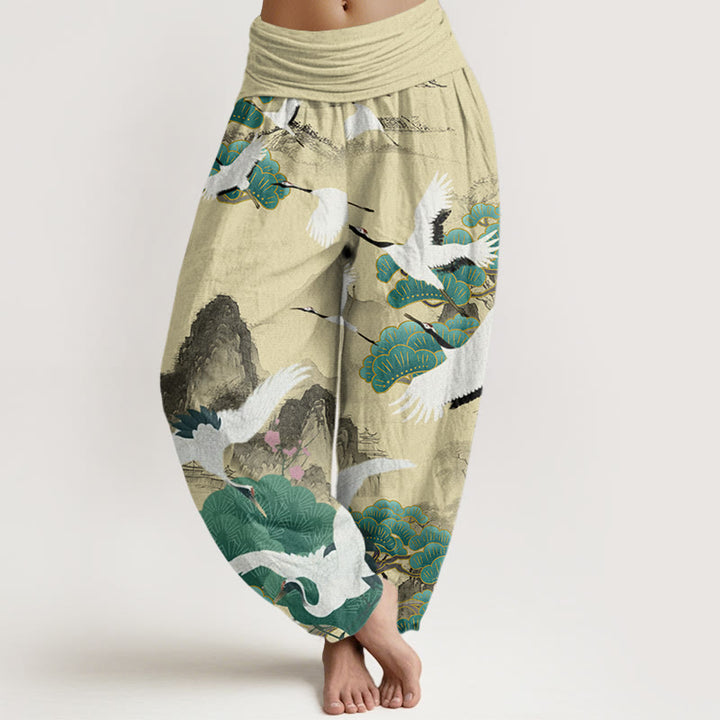 Pantalones harén para mujer con diseño de paisaje de pinos verdes y grullas de Buddha Stones - LimónChiffon - US22，UK/AU26，EU54 (6XL) - image 8