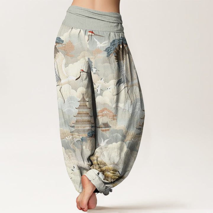 Pantalones harén para mujer con diseño casual de grullas, nubes y pagodas con Buddha Stones - image 2