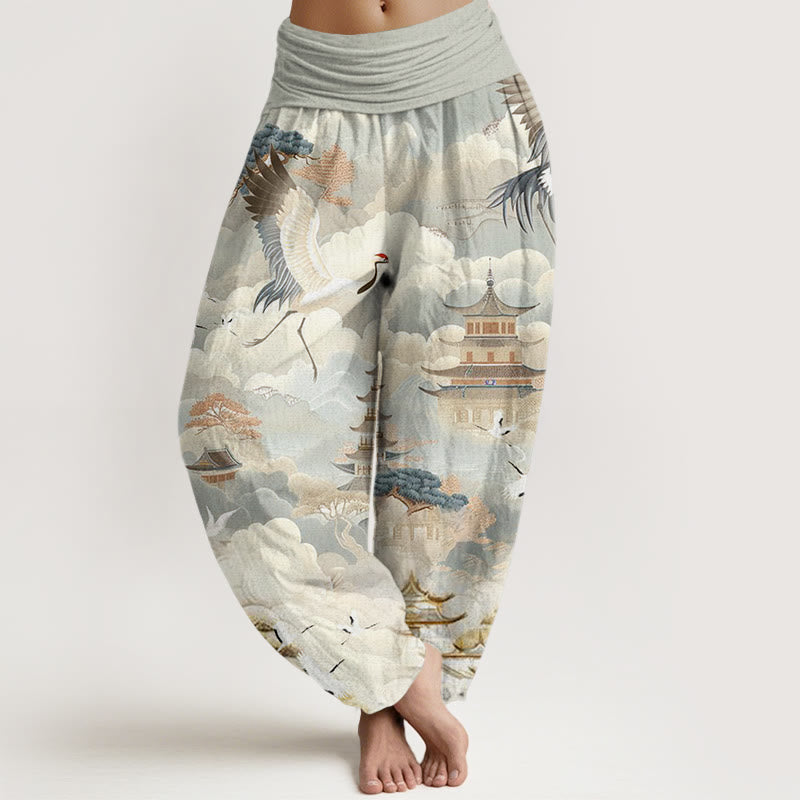 Pantalones harén para mujer con diseño casual de grullas, nubes y pagodas con Buddha Stones - Verde mar oscuro - US22，UK/AU26，EU54 (6XL) - image 1