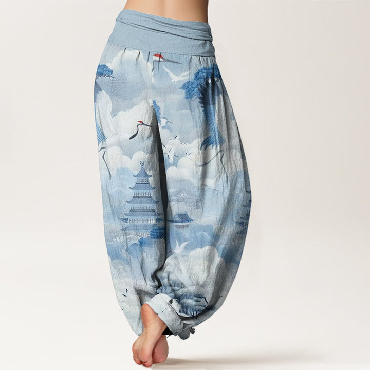 Pantalones harén para mujer con diseño casual de grullas, nubes y pagodas con Buddha Stones - image 6