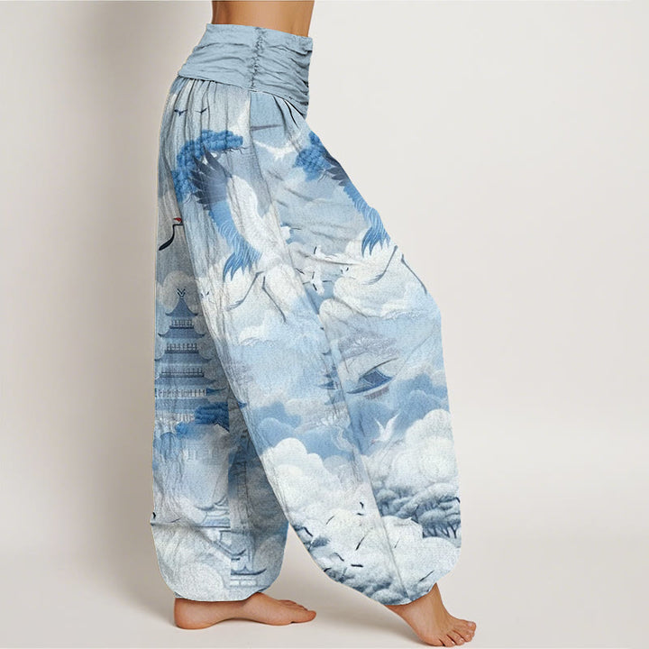 Pantalones harén para mujer con diseño casual de grullas, nubes y pagodas con Buddha Stones - image 6