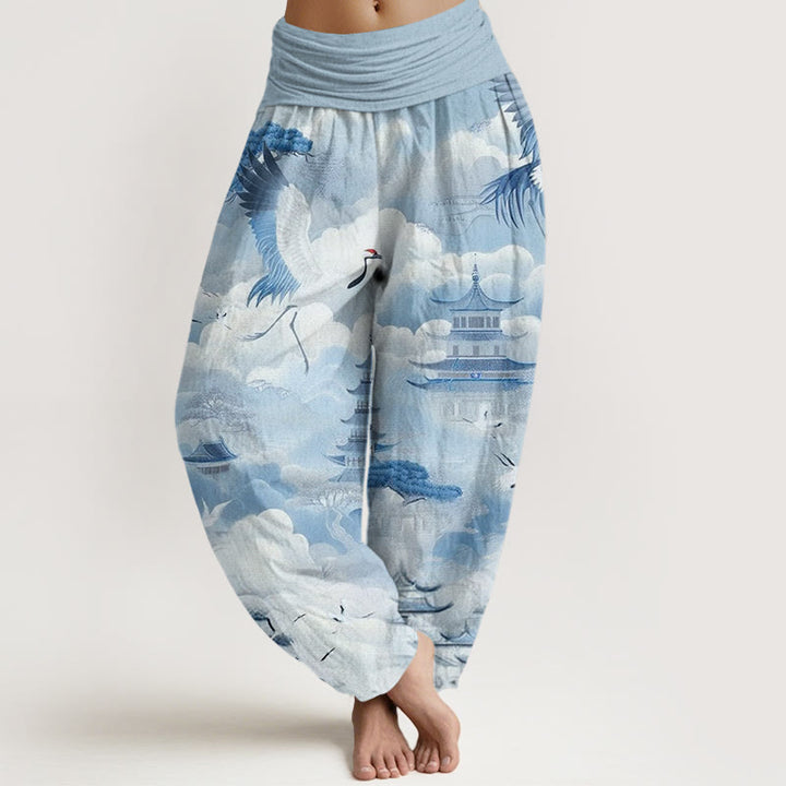 Pantalones harén para mujer con diseño casual de grullas, nubes y pagodas con Buddha Stones - Azul cielo claro - US22，UK/AU26，EU54 (6XL) - image 5