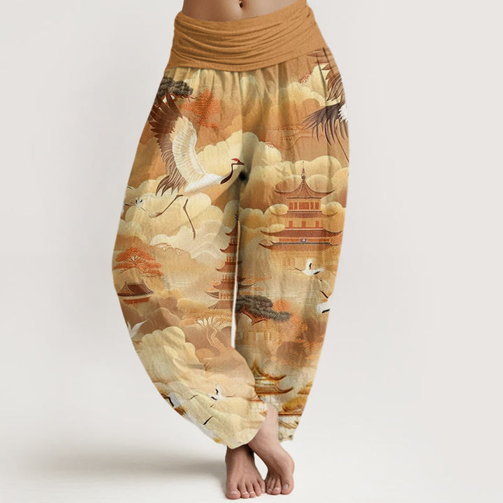 Pantalones harén para mujer con diseño casual de grullas, nubes y pagodas con Buddha Stones - Vara de oro - US22，UK/AU26，EU54 (6XL) - image 7