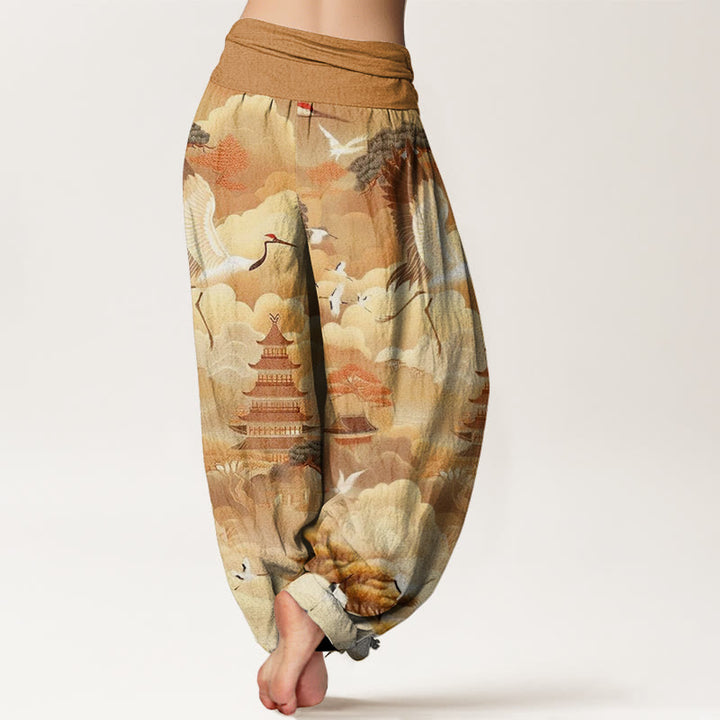 Pantalones harén para mujer con diseño casual de grullas, nubes y pagodas con Buddha Stones - image 9