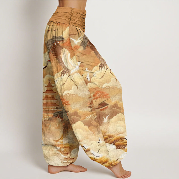 Pantalones harén para mujer con diseño casual de grullas, nubes y pagodas con Buddha Stones - image 10