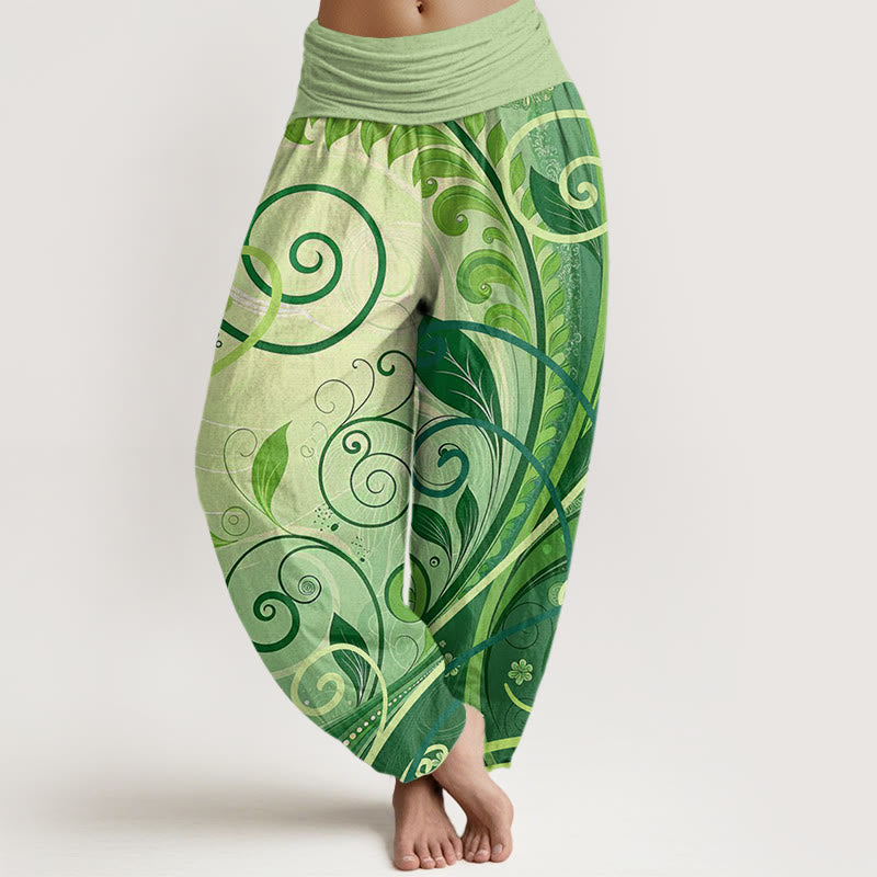 Pantalones harén casuales con estampado floral de enredadera de Buddha Stones para mujer - Verde pálido - US22，UK/AU26，EU54 (6XL) - image 0