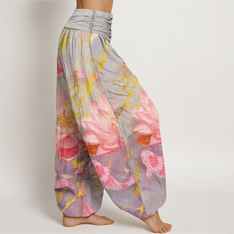 Pantalones tipo harem para mujer, de algodón, estilo casual, con estampado de flores de loto y peces koi , con Buddha Stones. - image 2