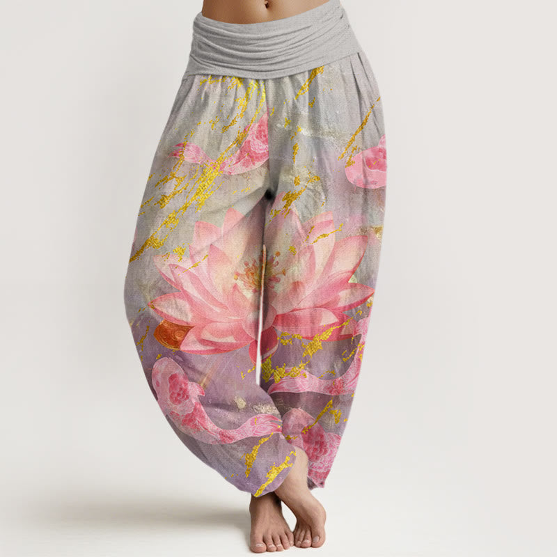 Pantalones tipo harem para mujer, de algodón, estilo casual, con estampado de flores de loto y peces koi , con Buddha Stones. - Gris oscuro - US22，UK/AU26，EU54 (6XL) - image 0
