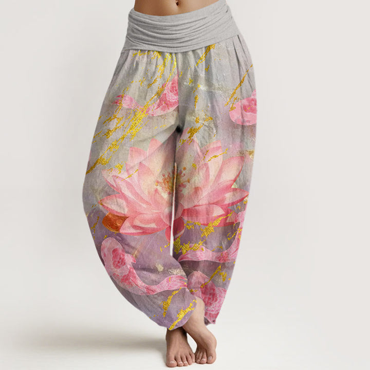 Pantalones tipo harem para mujer, de algodón, estilo casual, con estampado de flores de loto y peces koi , con Buddha Stones. - Gris oscuro - US22，UK/AU26，EU54 (6XL) - image 0