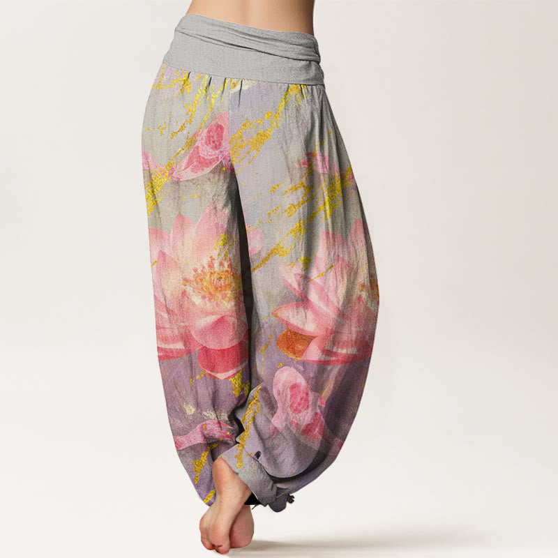 Pantalones tipo harem para mujer, de algodón, estilo casual, con estampado de flores de loto y peces koi , con Buddha Stones. - image 1
