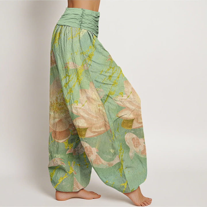 Pantalones tipo harem para mujer, de algodón, estilo casual, con estampado de flores de loto y peces koi , con Buddha Stones. - image 6