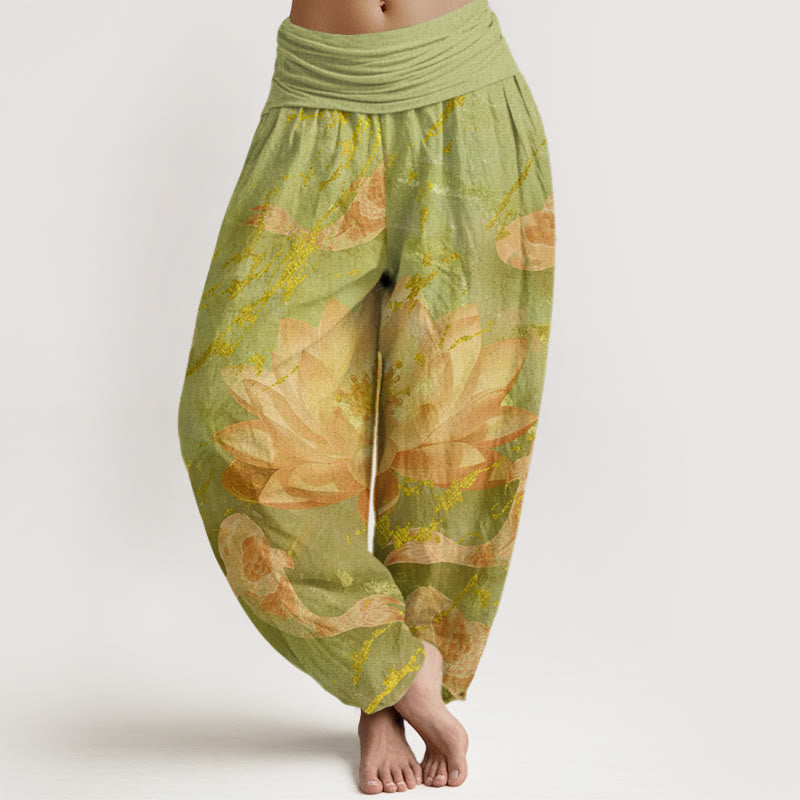 Pantalones tipo harem para mujer, de algodón, estilo casual, con estampado de flores de loto y peces koi , con Buddha Stones. - VerdeAmarillo - US22，UK/AU26，EU54 (6XL) - image 7