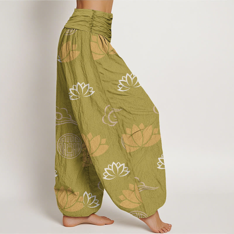 Pantalones harén para mujer con estampado de nubes, flores de loto y linternas, estilo casual, con Buddha Stones - image 2