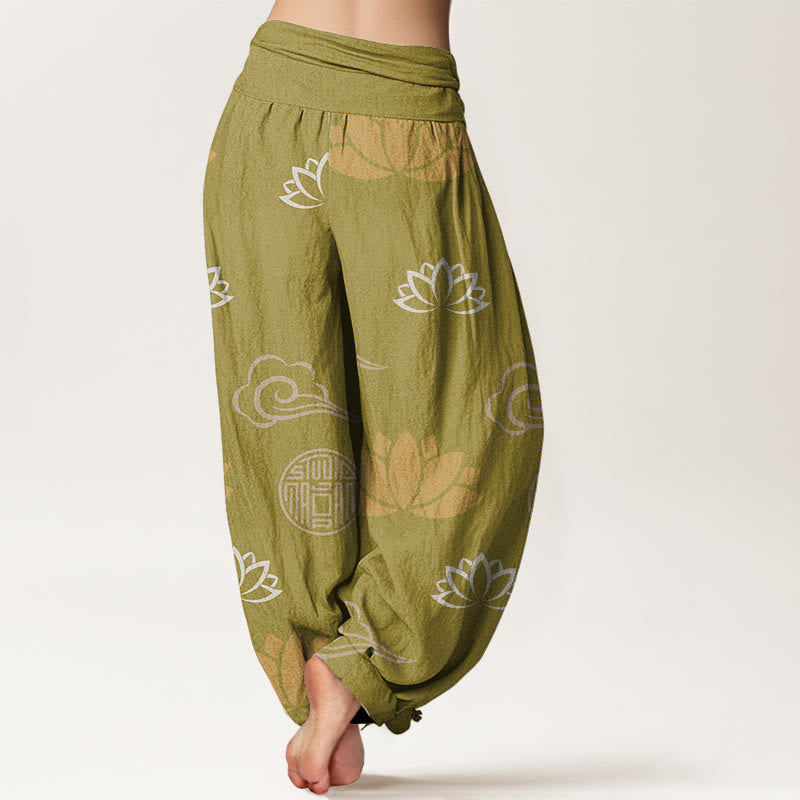 Pantalones harén para mujer con estampado de nubes, flores de loto y linternas, estilo casual, con Buddha Stones - image 1