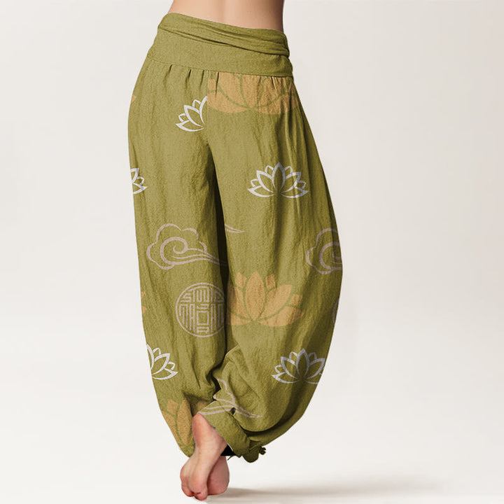 Pantalones harén para mujer con estampado de nubes, flores de loto y linternas, estilo casual, con Buddha Stones - image 1