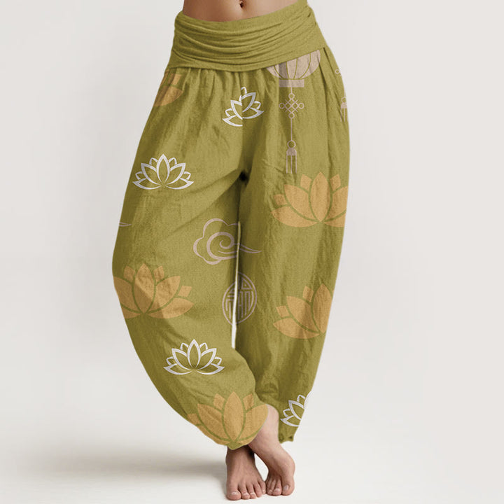 Pantalones harén para mujer con estampado de nubes, flores de loto y linternas, estilo casual, con Buddha Stones - Vara de oro - US22，UK/AU26，EU54 (6XL) - image 0