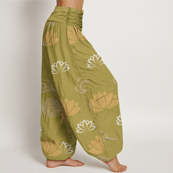 Pantalones harén para mujer con estampado de nubes, flores de loto y linternas, estilo casual, con Buddha Stones - image 3