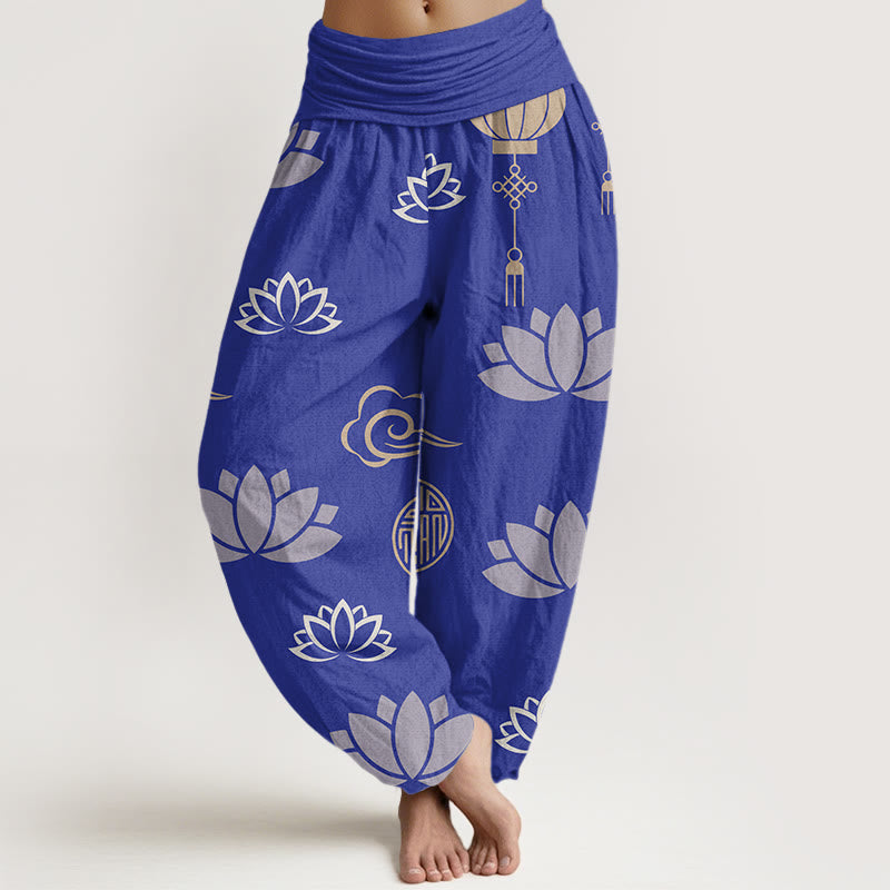 Pantalones harén para mujer con estampado de nubes, flores de loto y linternas, estilo casual, con Buddha Stones - Azul pizarra - US22，UK/AU26，EU54 (6XL) - image 5