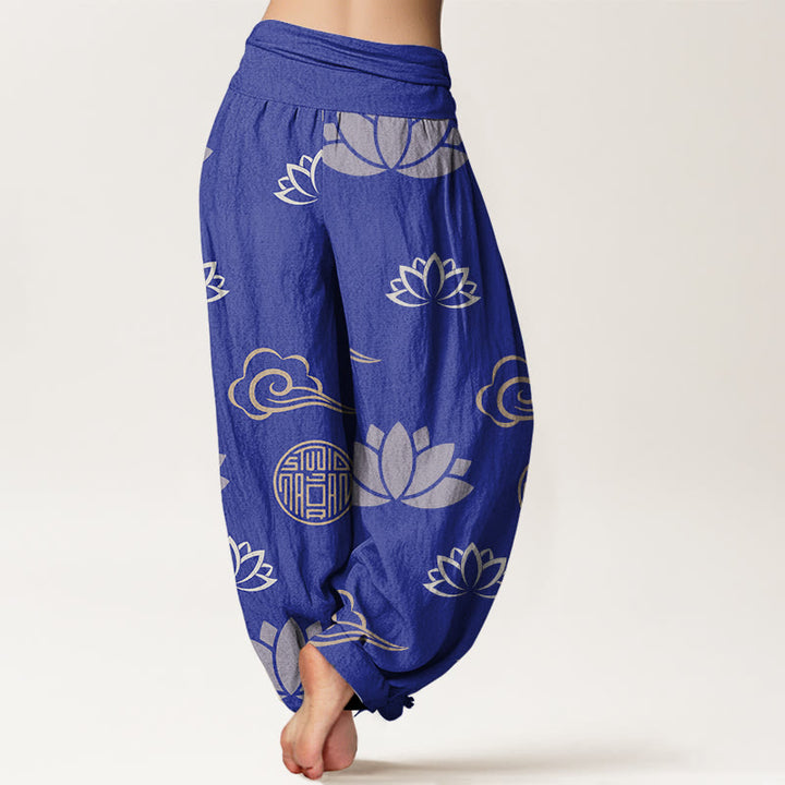 Pantalones harén para mujer con estampado de nubes, flores de loto y linternas, estilo casual, con Buddha Stones - image 5