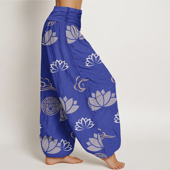 Pantalones harén para mujer con estampado de nubes, flores de loto y linternas, estilo casual, con Buddha Stones - image 6