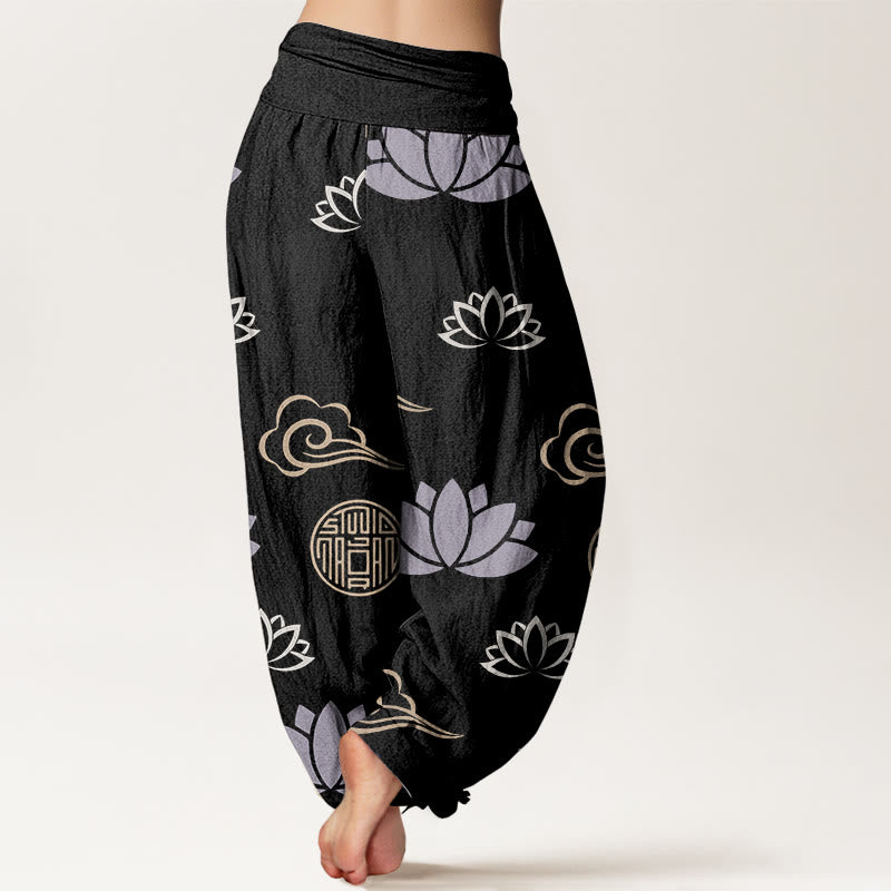 Pantalones harén para mujer con estampado de nubes, flores de loto y linternas, estilo casual, con Buddha Stones - image 9
