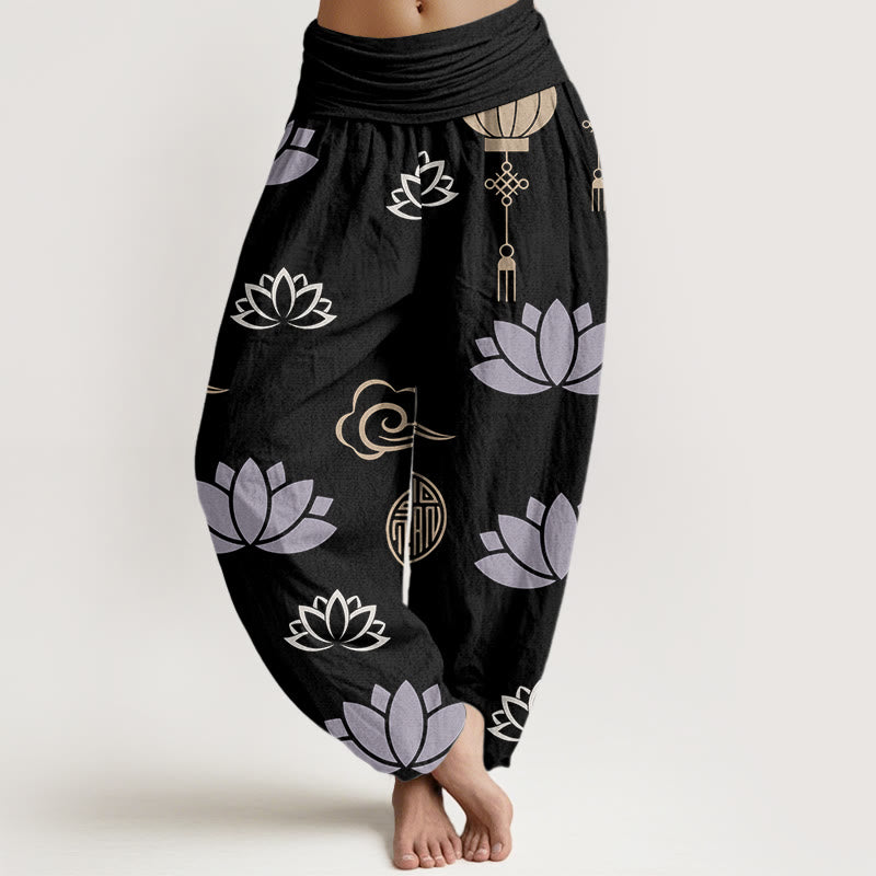 Pantalones harén para mujer con estampado de nubes, flores de loto y linternas, estilo casual, con Buddha Stones - Negro - US22，UK/AU26，EU54 (6XL) - image 7