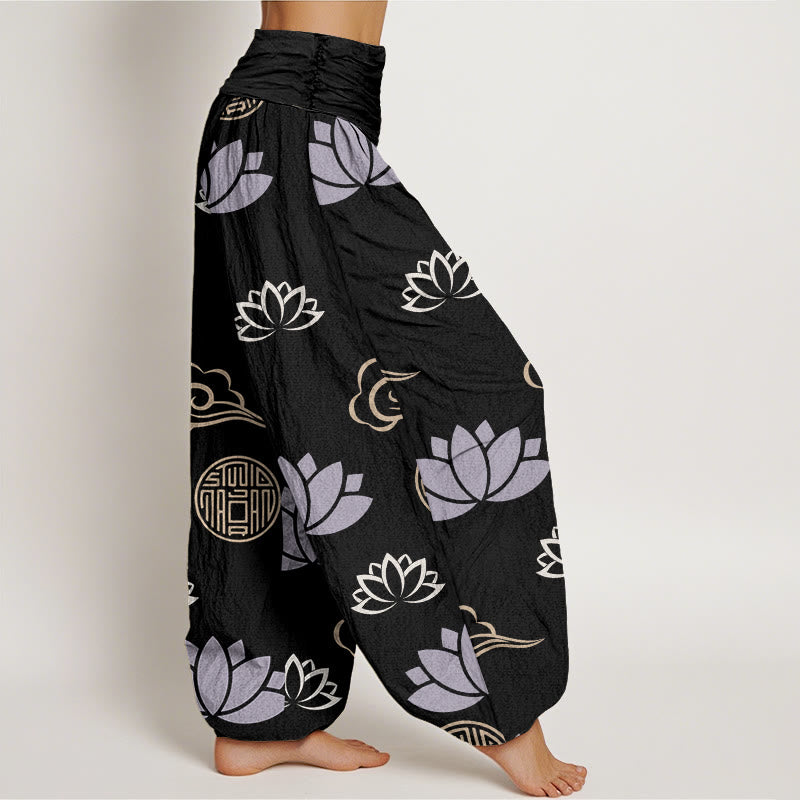 Pantalones harén para mujer con estampado de nubes, flores de loto y linternas, estilo casual, con Buddha Stones - image 9