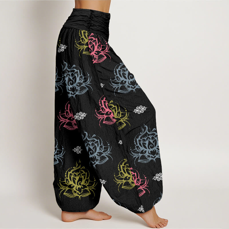 Pantalones harén para mujer con estampado de flores de loto y Buddha Stones en varios colores - image 3
