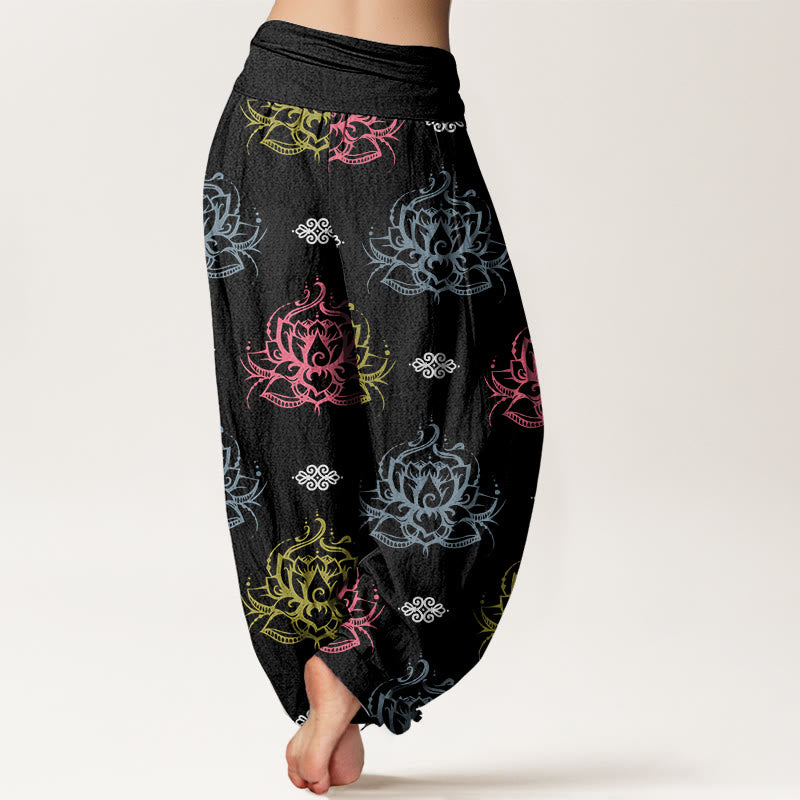 Pantalones harén para mujer con estampado de flores de loto y Buddha Stones en varios colores - image 1