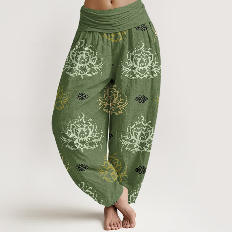 Pantalones harén para mujer con estampado de flores de loto y Buddha Stones en varios colores - Verde oliva - US22，UK/AU26，EU54 (6XL) - image 5
