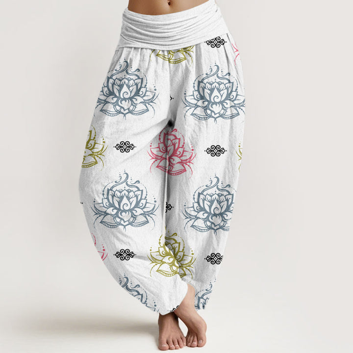 Pantalones harén para mujer con estampado de flores de loto y Buddha Stones en varios colores - Blanco - US22，UK/AU26，EU54 (6XL) - image 7