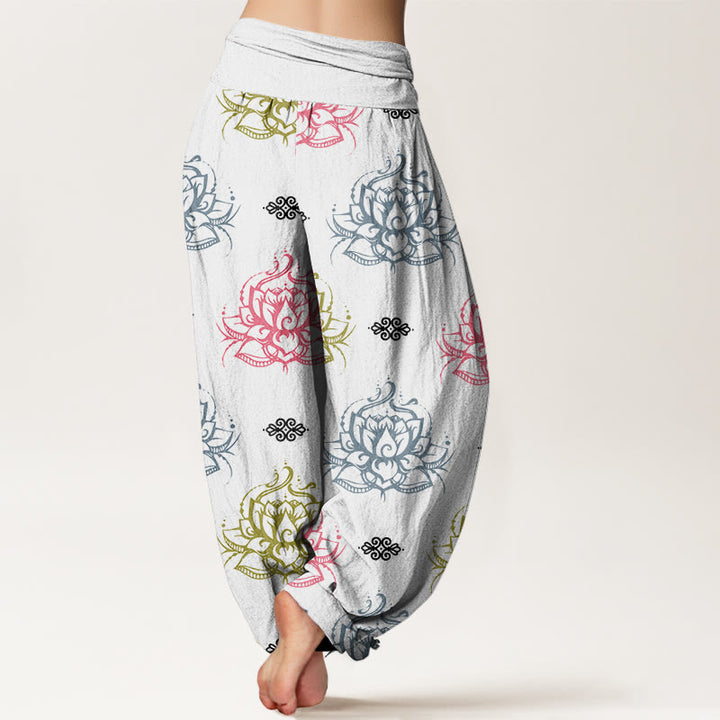 Pantalones harén para mujer con estampado de flores de loto y Buddha Stones en varios colores - image 9