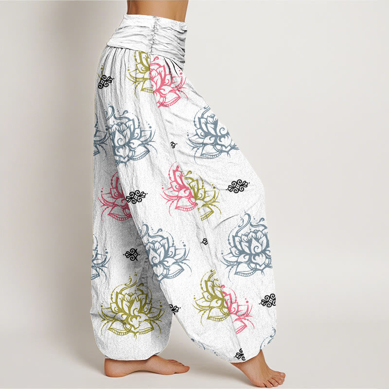 Pantalones harén para mujer con estampado de flores de loto y Buddha Stones en varios colores - image 9