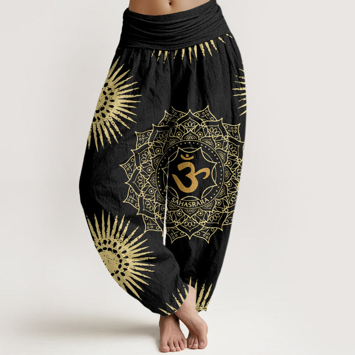 Pantalones harén para mujer con diseño de mandala, símbolo Om y sol, con Buddha Stones - Negro - US22，UK/AU26，EU54 (6XL) - image 0