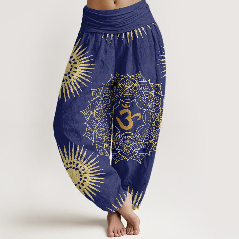 Pantalones harén para mujer con diseño de mandala, símbolo Om y sol, con Buddha Stones - Azul oscuro - US22，UK/AU26，EU54 (6XL) - image 4