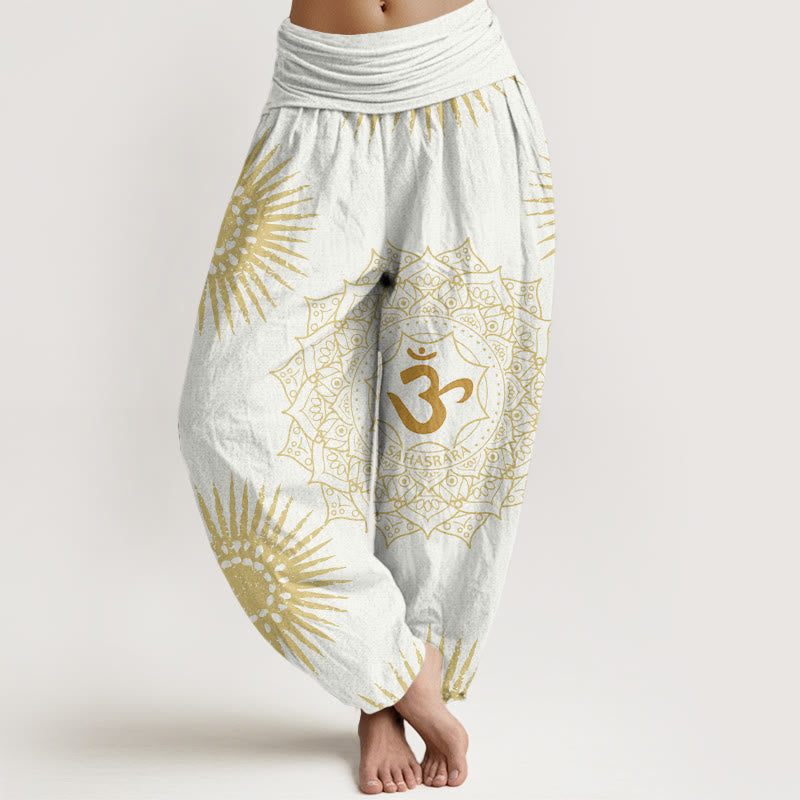 Pantalones harén para mujer con diseño de mandala, símbolo Om y sol, con Buddha Stones - Blanco - US22，UK/AU26，EU54 (6XL) - image 7