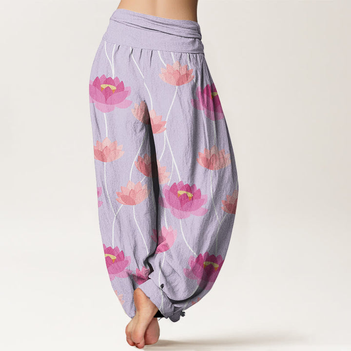 Pantalones harén para mujer con estampado de flores de loto y Buddha Stones - image 1