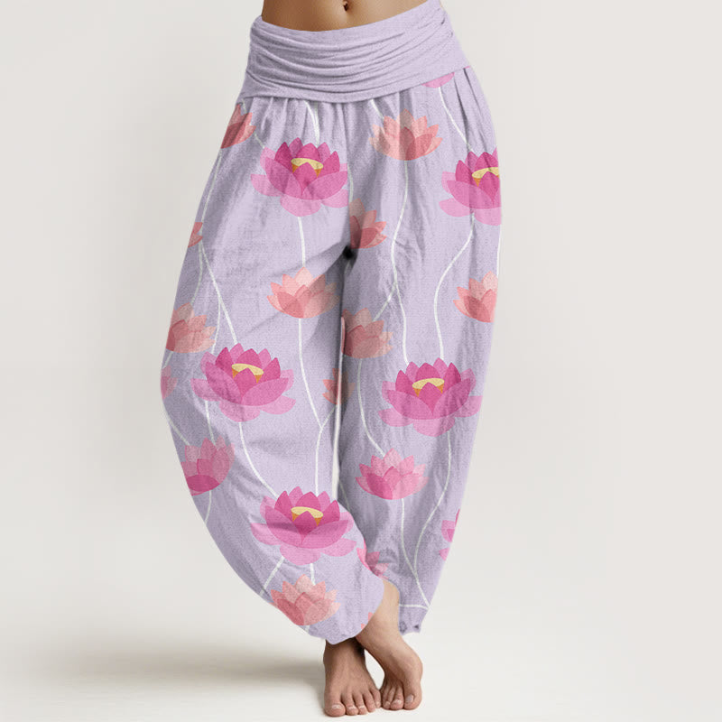 Pantalones harén para mujer con estampado de flores de loto y Buddha Stones - Lavanda - US22，UK/AU26，EU54 (6XL) - image 0