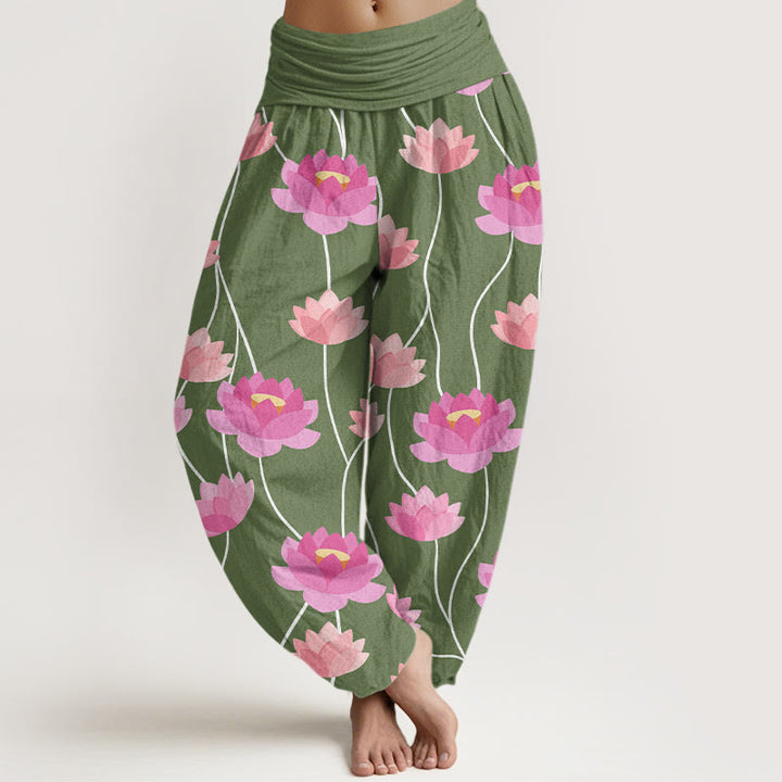 Pantalones harén para mujer con estampado de flores de loto y Buddha Stones - Verde bosque - US22，UK/AU26，EU54 (6XL) - image 4