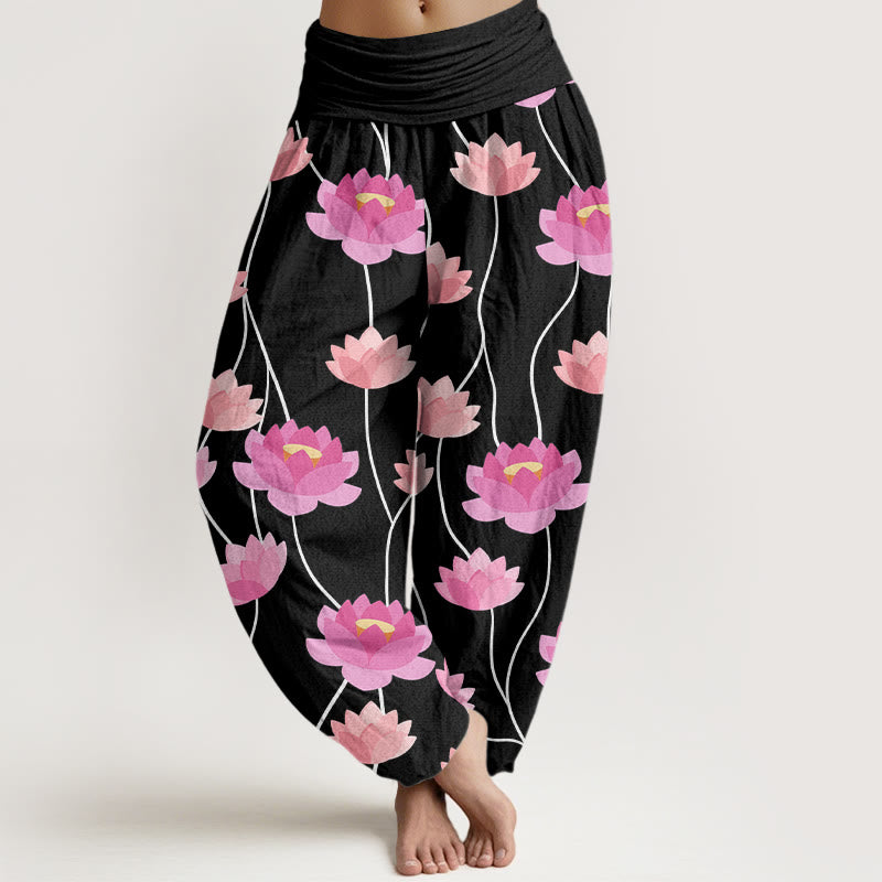 Pantalones harén para mujer con estampado de flores de loto y Buddha Stones - Negro - US22，UK/AU26，EU54 (6XL) - image 8