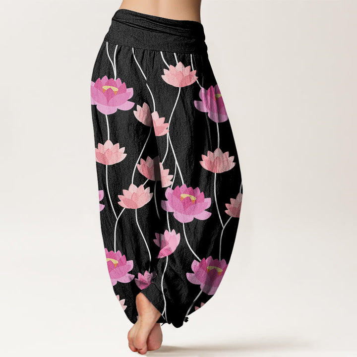 Pantalones harén para mujer con estampado de flores de loto y Buddha Stones - image 9