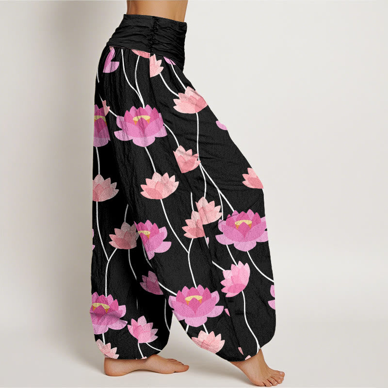 Pantalones harén para mujer con estampado de flores de loto y Buddha Stones - image 9