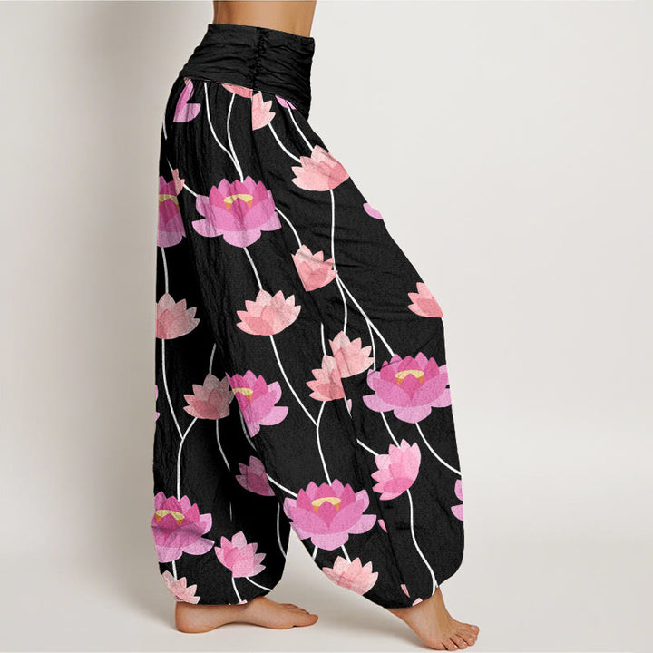 Pantalones harén para mujer con estampado de flores de loto y Buddha Stones - image 9