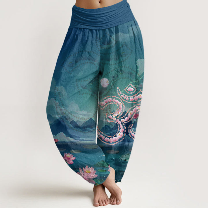 Buddha Stones harén para mujer con diseño casual de flores de loto, símbolo Om, montañas y lagos - Verde azulado - US22，UK/AU26，EU54 (6XL) - image 1