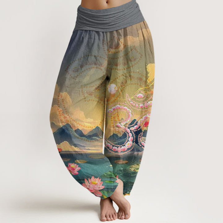 Buddha Stones harén para mujer con diseño casual de flores de loto, símbolo Om, montañas y lagos - Gris - US22，UK/AU26，EU54 (6XL) - image 5