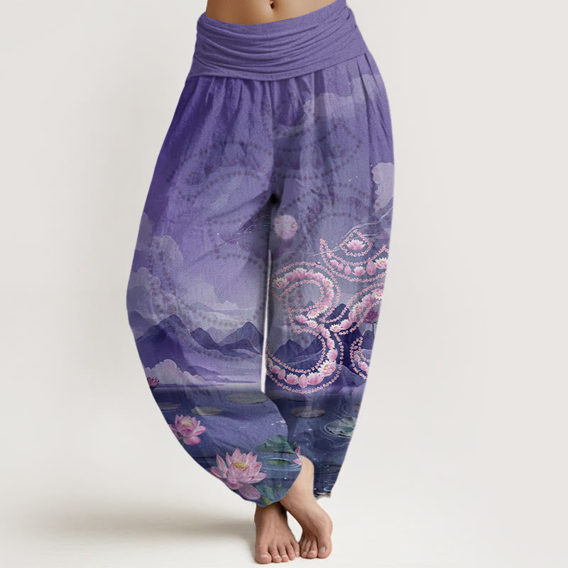 Buddha Stones harén para mujer con diseño casual de flores de loto, símbolo Om, montañas y lagos - Morado medio - US22，UK/AU26，EU54 (6XL) - image 8
