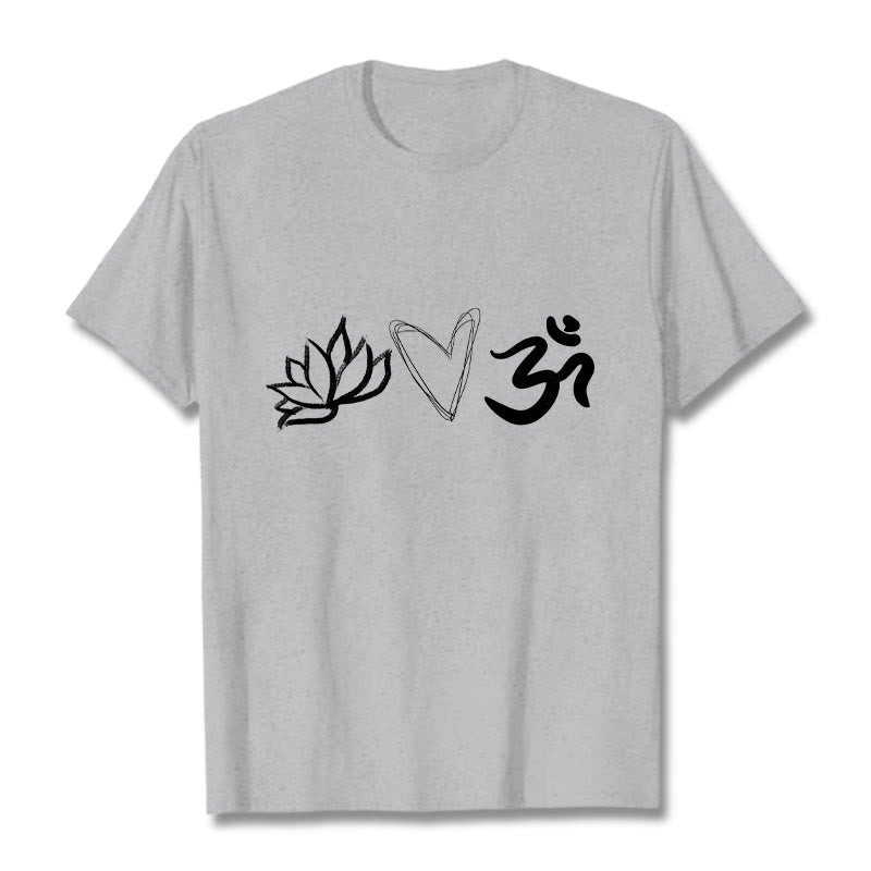 Camiseta informal de algodón con estampado de corazón de loto y Buddha Stones , símbolo Om en sánscrito - Gris claro - 2XL - image 20