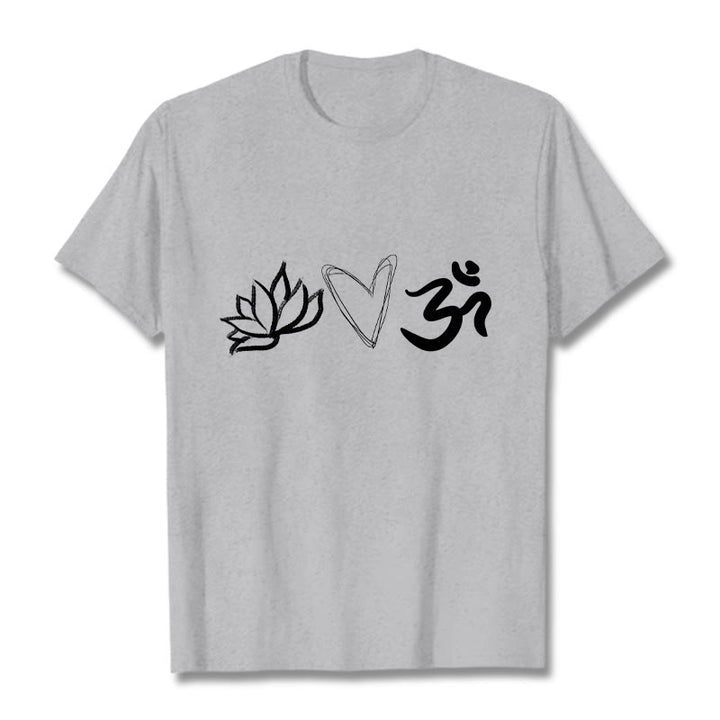 Camiseta informal de algodón con estampado de corazón de loto y Buddha Stones , símbolo Om en sánscrito - Gris claro - 2XL - image 20
