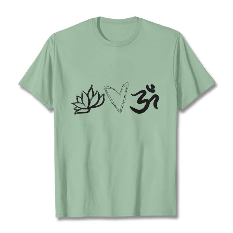 Camiseta informal de algodón con estampado de corazón de loto y Buddha Stones , símbolo Om en sánscrito - Verde pálido - 2XL - image 15